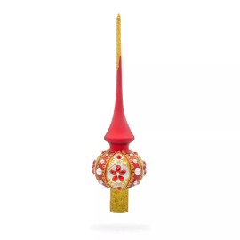 BESTPYSANKY Rubies on Red and Gold Glass Christmas Tree Topper 11 Inches