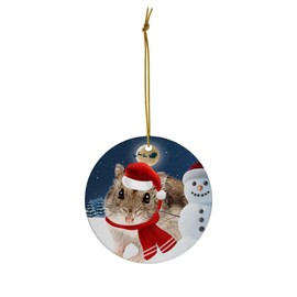 Festive Winter Night Pet and Snowman Ornament - Winter White Dwarf Hamster Christmas Ornament Circle Ceramic - Funny Holiday Xmas Tree Decoration Gifts for Hamster Lovers
