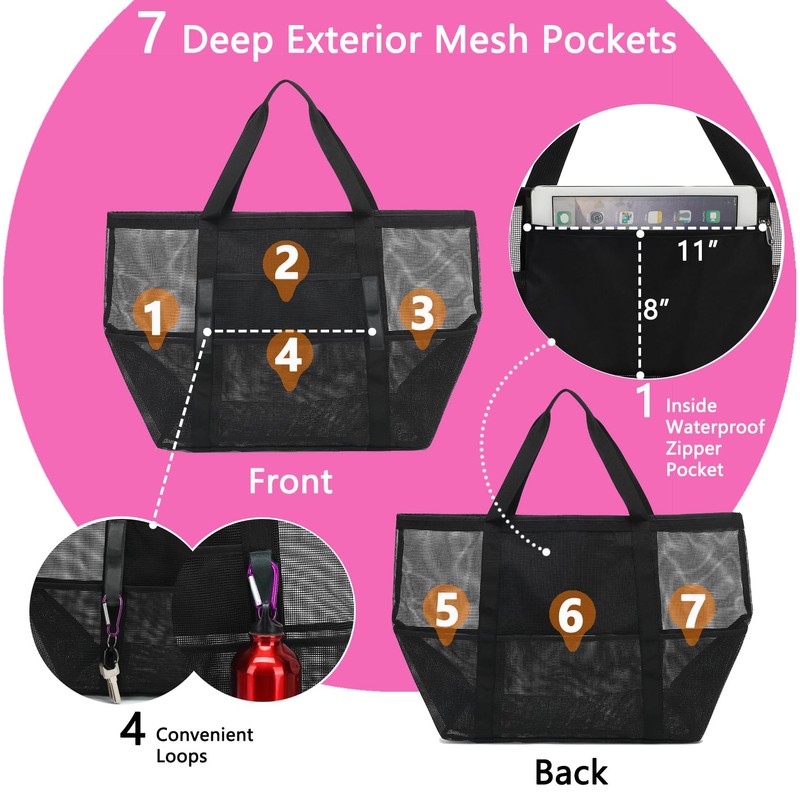 Fammart Mesh Beach Bag, Extra Large Beach Tote with Zipper