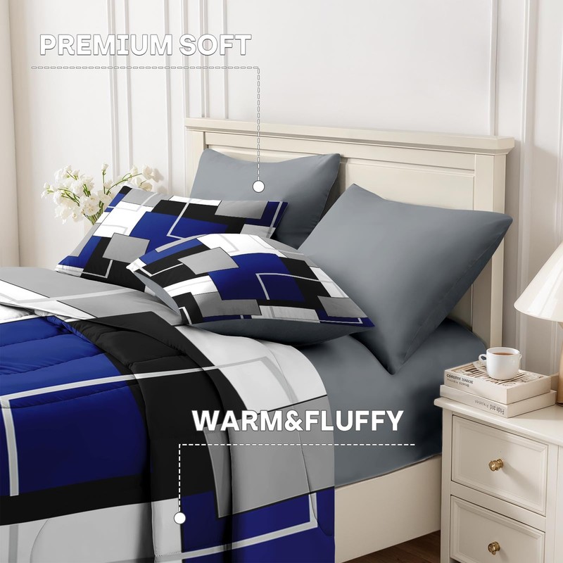Nesker Comforter Set King Size, Blue Black Geometric 7 Pcs