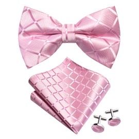 Gusleson Pink Bow Tie Pocket Square Set for Wedding Pre-Tied Plaid Checkered Bowties Handkerchief Cufflinks for Men (UK0494-17)
