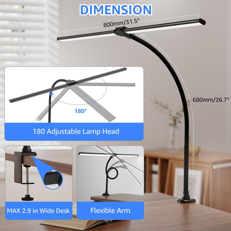 ShineTech LED Desk Lamp for Home Office, 5000K Bright Double