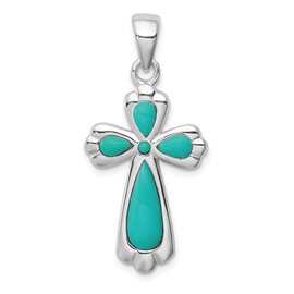 FB Jewels Solid Sterling Silver Rhodium-Plated Polished Imitation Turquoise Cross Pendant