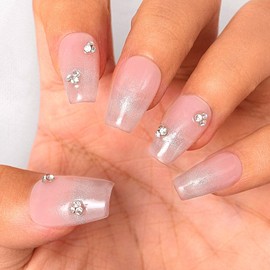 Sethexy Pink Rhinestone Handmade False Nails Cat Eye Medium Coffin False Nails Nude Colour Gradient Natural Shiny Pressed Nails Quality Nails Salon for Women and Girls (H)