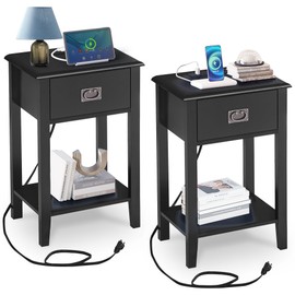 VECELO Nightstand Set of 2 with Charging Station, Vintage Solid Wood End Bedside Table with USB Ports, Storage Drawer, Open Shelf for Bedroom, Living Room, Sofa Couch, One Drawer, Black