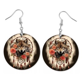 Twisted R Design Wolf Dream Catcher Round Printed Wood  Dangle Earrings