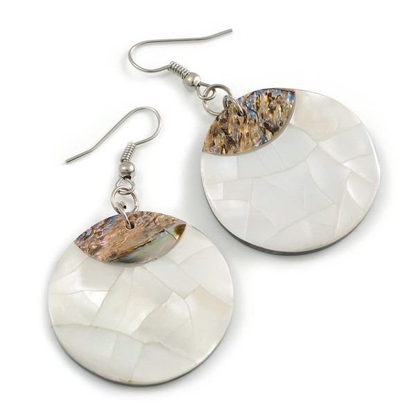 50mm L/Silver Grey/Abalone Round Shape Sea Shell Earrings/Handmade/Slight Variation In