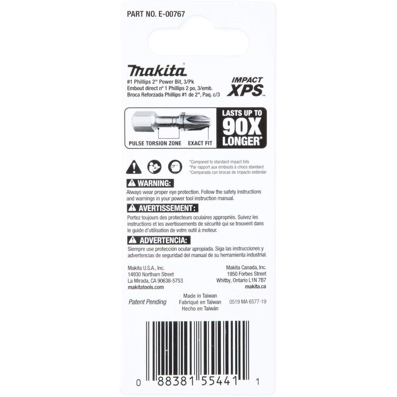 Makita E-00767 Impact XPS™ #1 Phillips 2" Power Bit, 3/pk