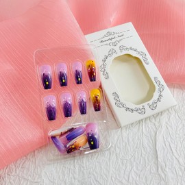 Square Press on Nails Medium Coffin Fake Nails with Designs Colorful Dots Glue on Nails Purple French Acrylic False Nails Glossy Artificial Nails Full Cover Stick on Nails for Coquette Women