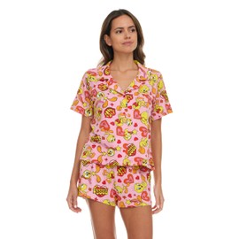 COCO BRANDS Womens Pajama Sets - 2 Piece Looney Tunes Tom and Jerry Tweety Bird Button Down Sleep Shirt and Pajama Shorts Set, Size Medium, Pink/Tweety Feelin Good