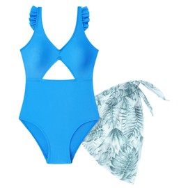 Traje de baño de una pieza con volantes recortados, cuello en V, con falda cubierta, 9 a 16 años, Azul, 11-12 Years