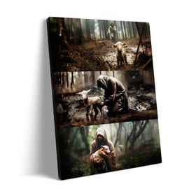 Jesus and Lamb Canvas Wall Art Decor Framed Painting - 8X10 inch Jesus Rescuing the Lost Lamb, Christian Artwork for Home, Church and Religious Gift, Oil Painting Decoration