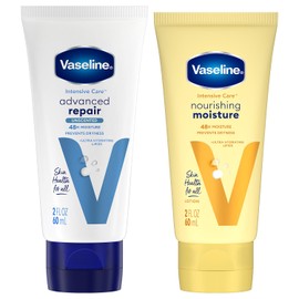 Vaseline Intensive Care Lotion Bundle – Advanced Repair Unscented Lotion & Nourishing Moisture Hand & Body Lotion for Extremely Dry Skin, 2 Oz Ea (2 Piece Set)