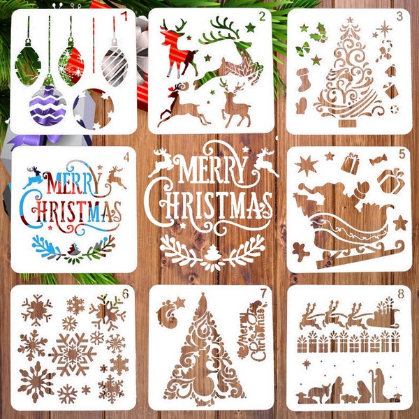 BTORER 8Pcs Reusable Christmas Stencils, 5.1inches Holiday Xmas Drawing Template Christmas Stencils for Painting on Wood Silce DIY Crafts Ornaments Christmas Tree, Christmas Gifts