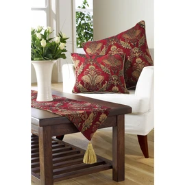 Shiraz Table Runner - Burgundy Red and Gold - Embroidered Damask Jacquard - Non Slip Lining - Tasselled - 100% Polyester - 33 x 230cm (13" x 91" inches) - Made by Riva Paoletti - Designed in the UK