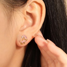 Kokoma Moon and Star Stud Earrings for Women Sterling Silver Post Snake Wrap Pink Glass Cartilage Earrings Gold Plated Cubic Zirconia Studs Hypoallergenic Fashion Ear Jewelry