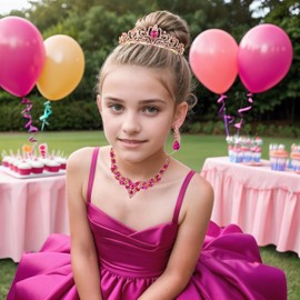 BriLove Jewelry Clip-on Earrings Statement Necklace Elegant Princess Tiara Crowns Set Sparkling Austrian Crystal Teardrop Cluster Jewelry Set for Wedding Party Prom Accessories Hot Pink Gold-Tone