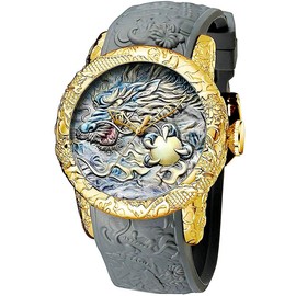 Automatic Watch for Men Fashion 3D Engraved Dragon Waterproof Big dial Sport Wristwatch (Gold Grey)