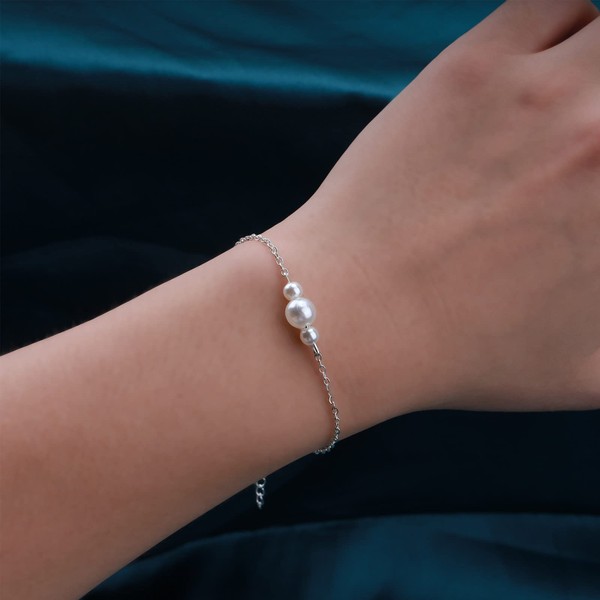 Yienate Unique Tiny Pearl Bracelets Chain Silver Pearl Hand Chain