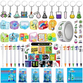 Science Party Gift Set with Mini Notebooks Ballpoint Pen Keychains Slap Bracelets Stickers and Goodie Bag for Science Themed Party Supplies Teacher School Gifts Lab Week Chemistry Class Reward