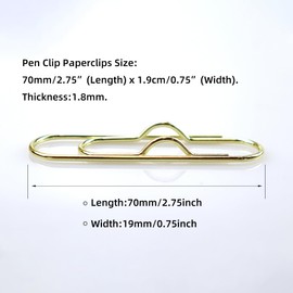 RILOMBAO 18 PCS 2.75 Inch (70mm) Paper Clips Gold Rust Resistant Metal Strong Pen Clip Style Paperclips for Office School Documents