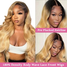 Ombre Body Wave Lace Front Wigs Human Hair for Black Women 24 Inch 13x4 1B27 Color Natural Black to Honey Blonde 13x4 HD Lace Frontal Glueless Real Human Hair Wig Pre Plucked Natural Bleached Knots