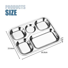 WANGSHIQI Stainless Steel Divided Plates,2 Pack Stainless Steel Rectangular Divided Plates Tray, 5 Sections Dinner Plates for Adults,Picky Eaters, Campers, and Portion Control (2, 5 divided)