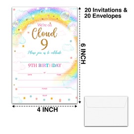 YSTEP Rainbow Cloud 9th Birthday Party Invitations, 20 Invite Cards with Envelopes, 4" x 6" Glitter Sprinkles Birthday Invites - C04