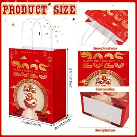 24Pack Chinese New Year Paper Gift Bags with Handles 2025 Red Snake Year Goodie Candy Bags for Lunar Happy New Year Spring Festival Party Supplies