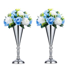 Sziqiqi - Soporte para centro de mesa floral para trompeta de boda, recepción, centros de mesa, fiesta, evento, aniversario, decoración de cumpleaños, paquete de 2, color plateado de 14 pulgadas