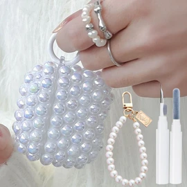 Bling Pearl Cover for AirPods 4 Case, Luxurious Rhinestone PC Glitter for AirPods 4th Generation Case Diamonds Accessories Set for Women Girl with Crystal Bracelet/Cleaning Pen/Keychain - White