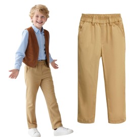 HILEELANG Kids School Uniform Pants for Boys & Girls, Stretch Cotton Chino, Khaki, Relaxed Fit Twill Trousers, Elastic Waistband 1PC 13-14Years