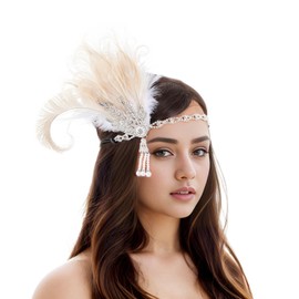 Tongcloud 1920s Flapper Feather Headband Roaring 20s Gatsby Headpiece Women's 1920s Headband Flapper Feather Headpiece (White)