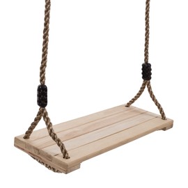 Hey! Play! Wooden Swing, Outdoor Flat Bench Seat with Adjustable Nylon Hanging Rope for Kids Playset Frame or Tree, Backyard Swinging Toy, Brown