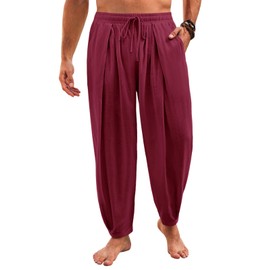Runcati Mens Casual Harem Pants Drawstring Elastic Waist Cotton Cropped Trousers Yoga Beach Lightweight Pants Burgundy