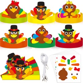 24 Sets Fall Turkey Headbands Fall Craft Kits DIY, Turkey Paper Hats Autumn Crown with Fall Leaf Turkey Pumpkin Pine Cone Feather Eyes Stickers Art Sets for Thanksgiving Kids Party Class Home Activity