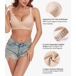 HACI Post Surgical Bra Front Closure Non Padded Wirefree Racerback Adjustable Wide Strap Mastectomy(Beige,34D/DD)