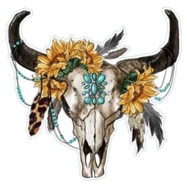 Kramer Sunflower Boho Country Bull Skull Sticker for Car Vinyl Decal Water Bottle Laptop Decal Phone Sticker 2" х 2" Set of 2