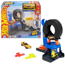 Hot Wheels City - Mega Centro Gomme, pista multidirezionale con carro attrezzi e veicolo incluso, l'officina ruota di 360 gradi e diventa una rampa, 3+ anni, JHL75