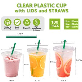 100 Set Plastic Cups with Lids and Straws 20 oz + 16 oz + 12 oz - Assorted Plastic Iced Coffee Cups Bulk, Extra Thick & Food Safe Disposable To Go Cups with Lids for Party Birthday Event Bar Juicer