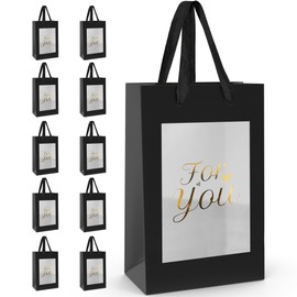 Clearly Loved 10 Pcs For You Kraft Paper Gift Bags with Transparent Window – 10"x7"x5" Elegant, Reusable Black Window Gift Bags for Birthdays, Weddings, Holidays, and Special Occasions