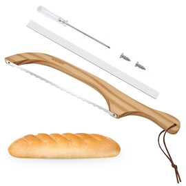 Bread Knife for Homemade Bread,Sourdough bread knife,15.7" Bread slicer for Homemade Bread, Baguettes and More Cuts Thin,Bow Design Easy to Cutting Even Slices (1, Natural wood)