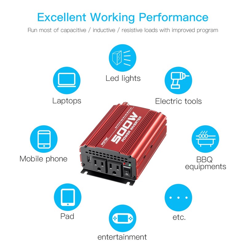 POTEK 500W Car Power Inverter DC 12V to AC 110V