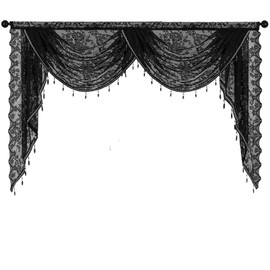 vctops Lace Beaded Waterfall Valances for Windows Floral Vintage Swag Valance Sheer Kitchen Window Curtains Over Sink Curtain Valance for Living Room Bedroom Bathroom Cafe (Black,59"x41")
