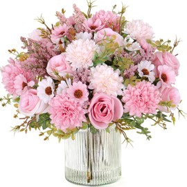 Dremisland Artificial Flowers Like Real Artificial Bouquet 4 Packs Silk Artificial Roses Bouquet with Daisy Chrysanthemum Pink Flowers for Centerpiece Table Wedding Party Home Decor