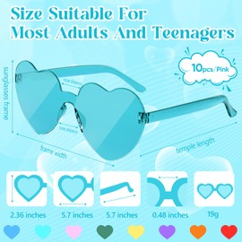 NACHLYNN 10 Pairs Heart Sunglasses Women Rimless Heart Shaped Sunglasses Color Heart Glasses for Costumes Cosplay(Lake Blue)