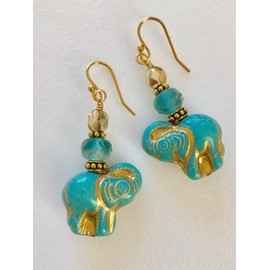 Czech Aqua Blue Elephant Earrings, Premium Czech Glass Beads, Aqua Blue Gold Metallic Wash, Elephant Jewelry, Animal Lover, Boho Earrings.