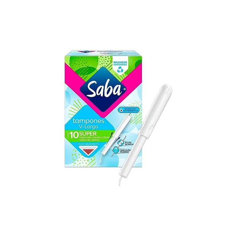 Saba Tampones Super Con Aplicador Largo, Flujo Abundante, 10 Piezas
