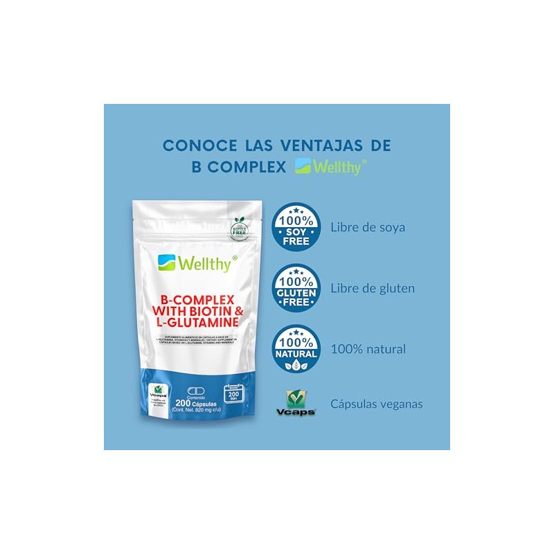 Wellthy Complejo B 200 Cápsulas. Reforzado con Biotina y Glutamina.