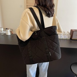 Makukke Puffer Tote Bag Aesthetic Quilted Bag Women's Shoulder Bag with Multiple Compartments Large Shopper Quilted Bag Shoulder Bags for Work Office Travel Shopping School, black